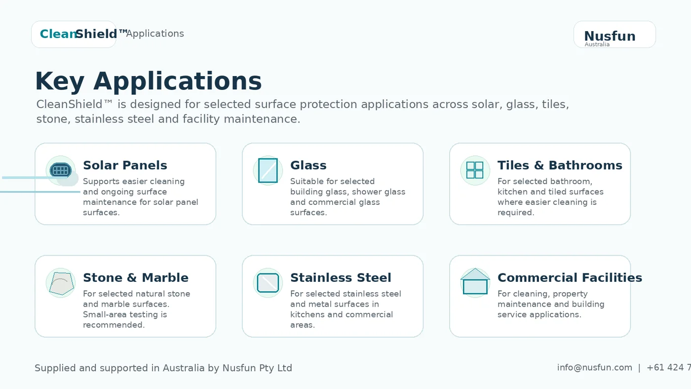 CleanShield key applications: solar panels, glass, tiles and bathrooms, stone and marble, stainless steel and commercial facilities