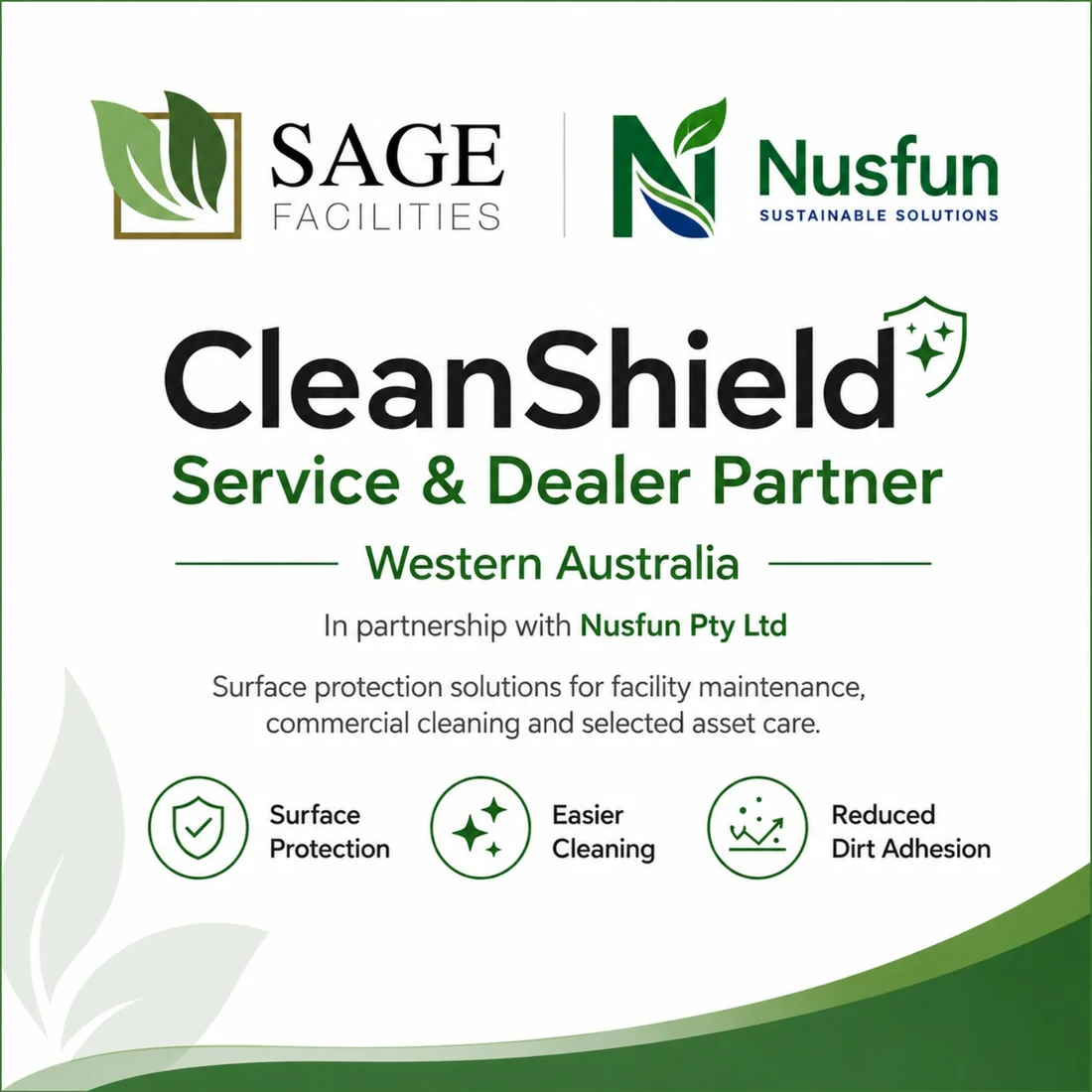 Sage Facilities and Nusfun CleanShield service and dealer partnership for Western Australia
